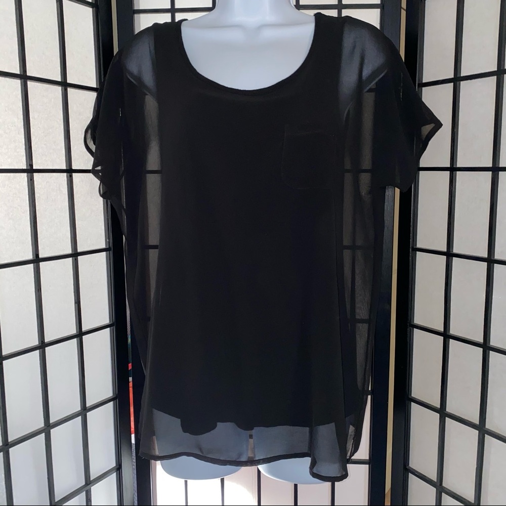 DESIGN HISTORY Blouse Stretchy Tank with Sheer Overlay Black Size S